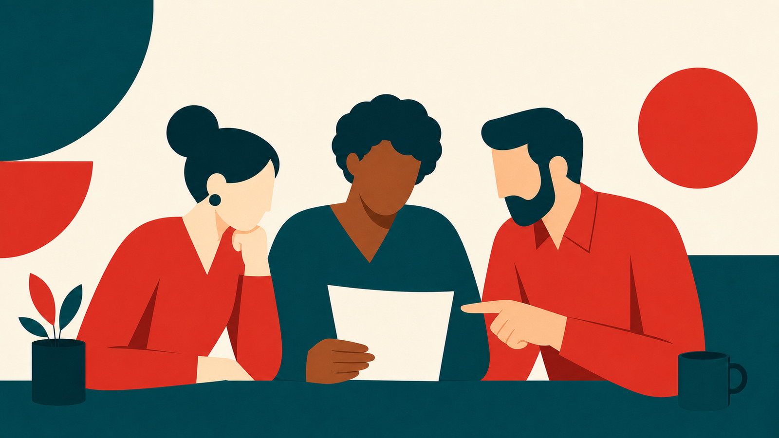 Illustration av två personer vid ett skrivbord som granskar dokument, symbol för redaktionen bakom Casino Utan